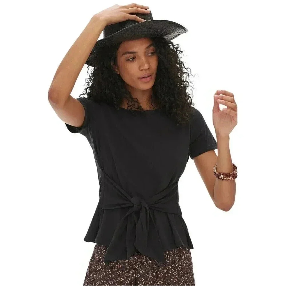 Anthropologie Rosamund Tie-front Tee Black Size Small